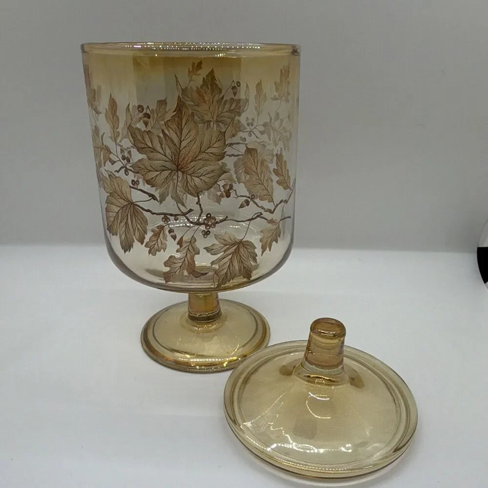 Amber Glass Pedestal Floral Candy Jar with Lid Round Free-Standing